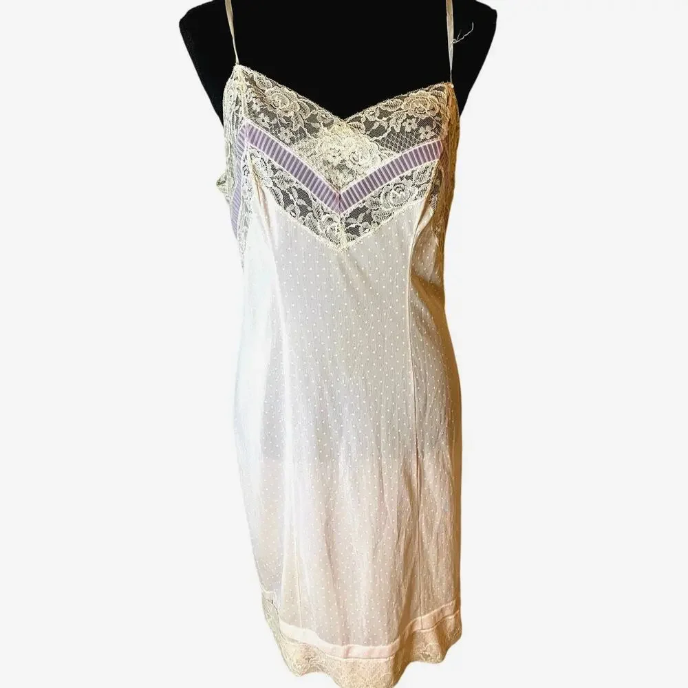 Vintage lace slip dress Pinup‎ Sheer lilac polka dot